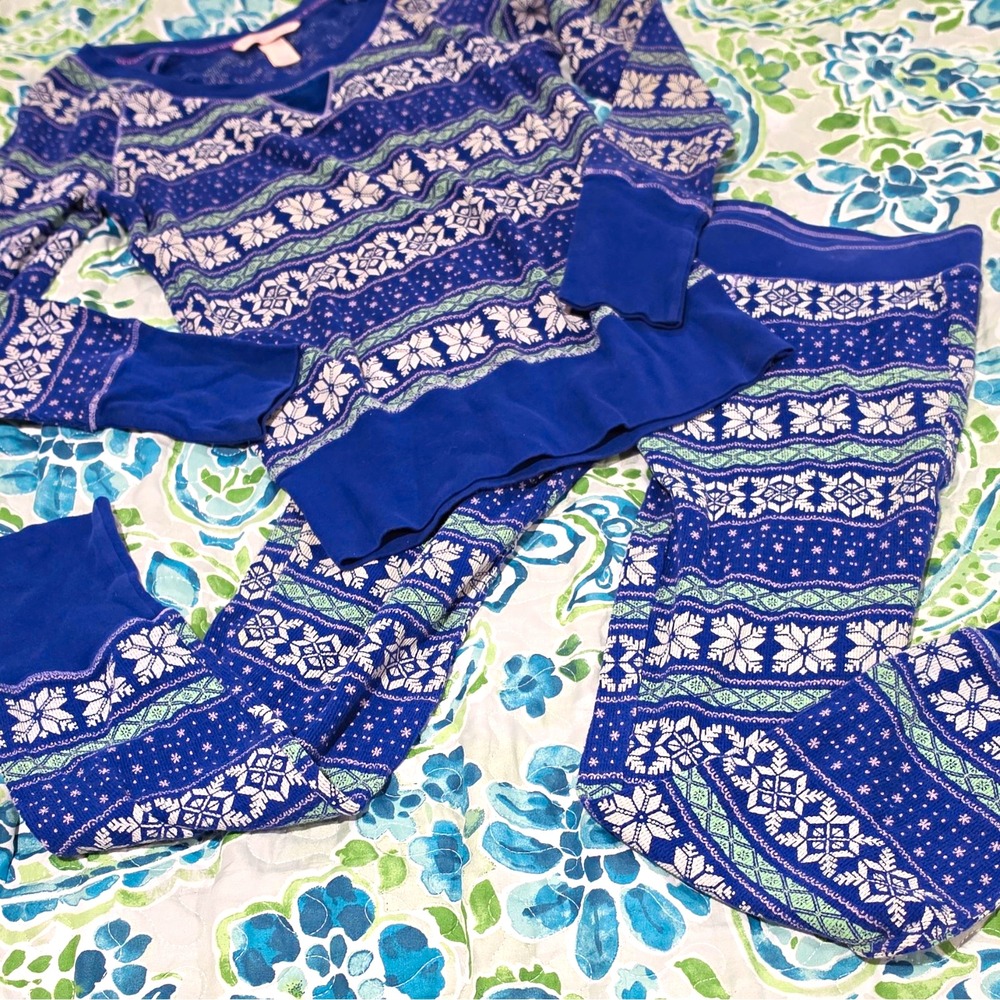 Victoria's Secret XS Thermal Knit Pajama Set Fair Isle Crew Neck Holiday